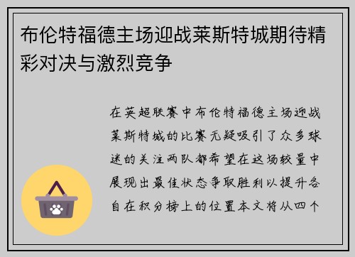 布伦特福德主场迎战莱斯特城期待精彩对决与激烈竞争