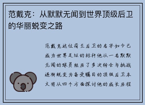 范戴克：从默默无闻到世界顶级后卫的华丽蜕变之路