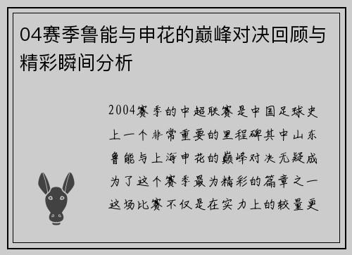 04赛季鲁能与申花的巅峰对决回顾与精彩瞬间分析