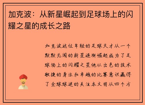 加克波：从新星崛起到足球场上的闪耀之星的成长之路