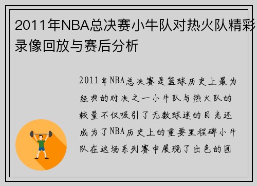 2011年NBA总决赛小牛队对热火队精彩录像回放与赛后分析