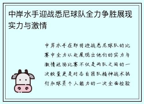 中岸水手迎战悉尼球队全力争胜展现实力与激情