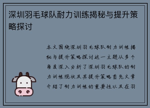深圳羽毛球队耐力训练揭秘与提升策略探讨