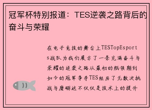 冠军杯特别报道：TES逆袭之路背后的奋斗与荣耀
