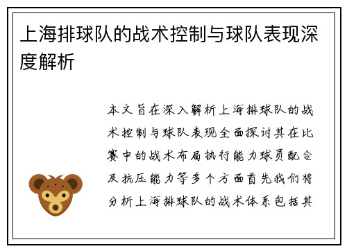 上海排球队的战术控制与球队表现深度解析