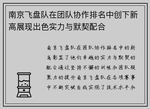 南京飞盘队在团队协作排名中创下新高展现出色实力与默契配合