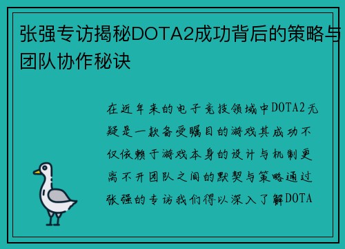 张强专访揭秘DOTA2成功背后的策略与团队协作秘诀