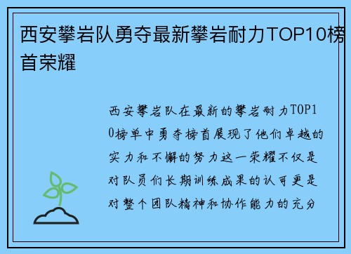 西安攀岩队勇夺最新攀岩耐力TOP10榜首荣耀