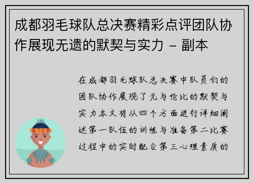 成都羽毛球队总决赛精彩点评团队协作展现无遗的默契与实力 - 副本